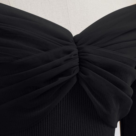 CHICWISH - Off-Shoulder Mesh Spliced Knit Top - Black - Size : S/M - Picture 3 of 7